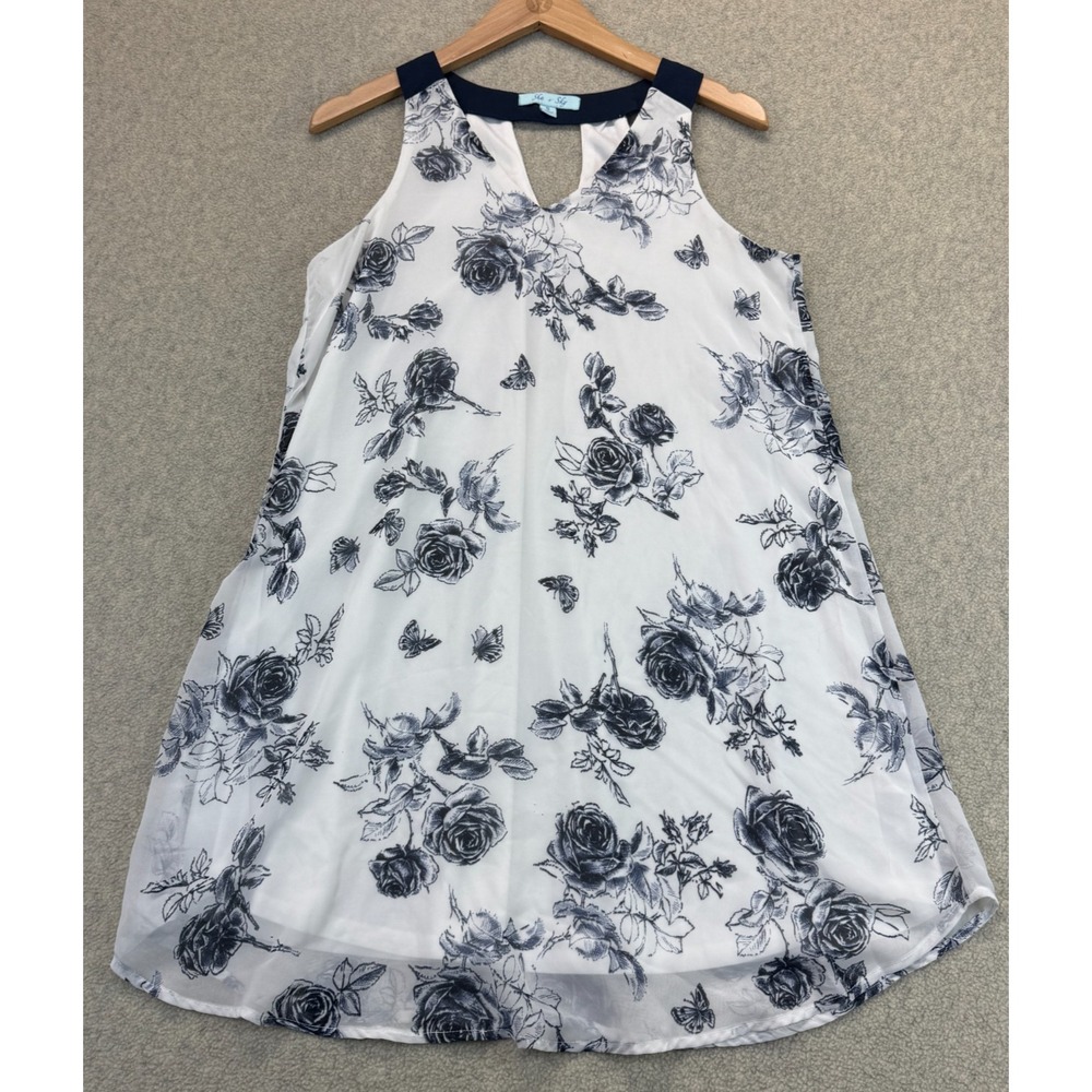 She + Sky Womens Top White Black Sleeveless Keyhole V-Neck Lined Floral S